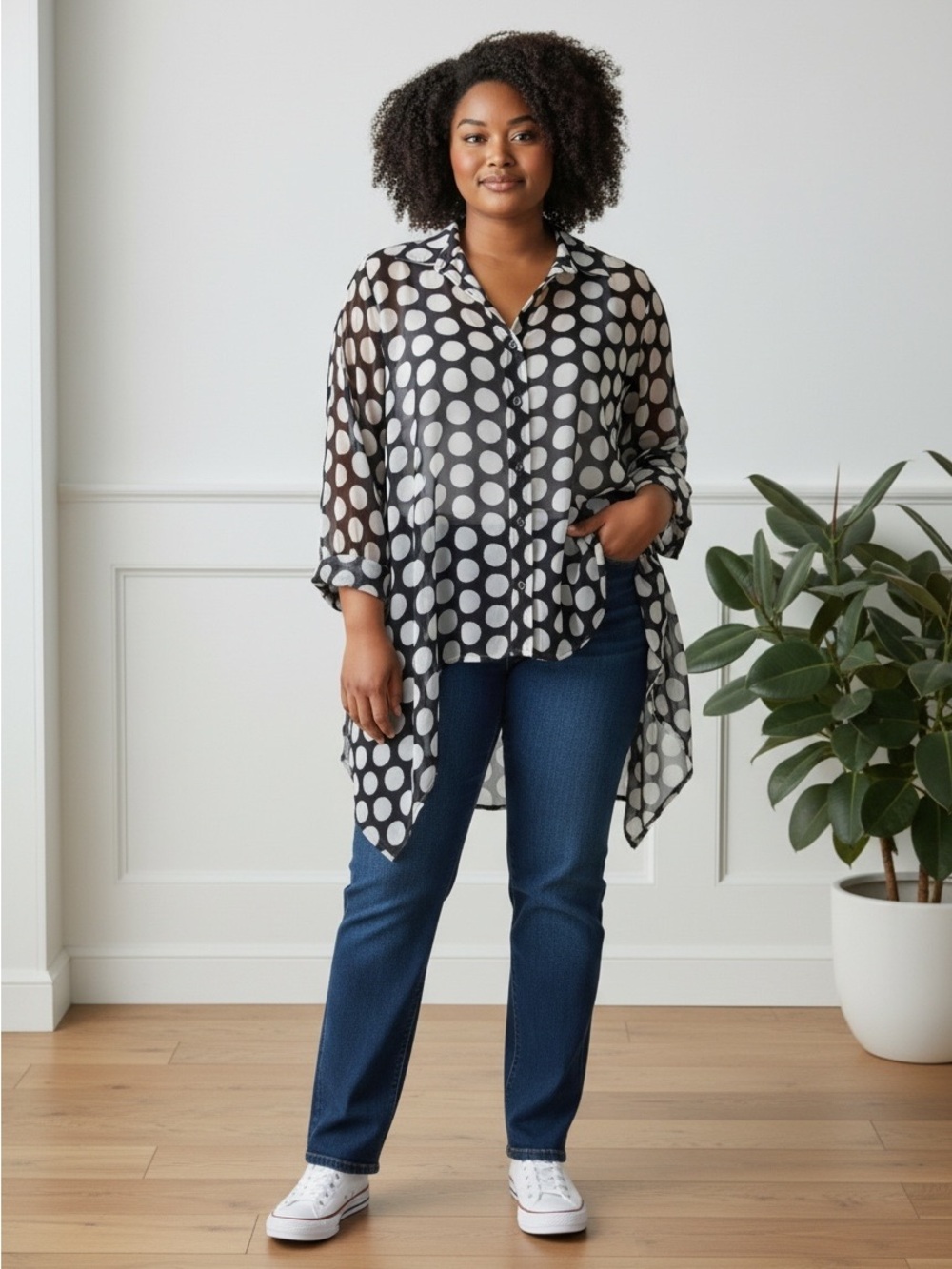 Chico's Women's Black and White Polka Dot Smock Top XL